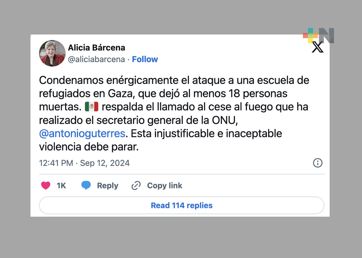 Condena canciller Alicia Bárcena ataque en escuela de refugiados en Gaza